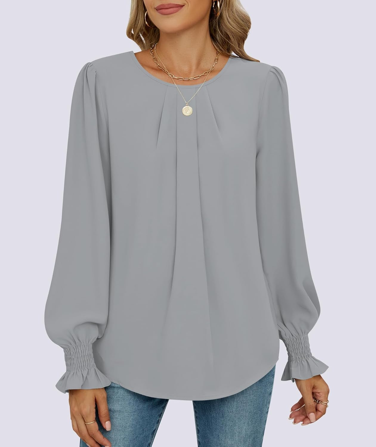 Womens Tops Dressy Casual Smocked Long Sleeve Shirts Pleated Crew Neck Loose Chiffon Blouses Fall 2025