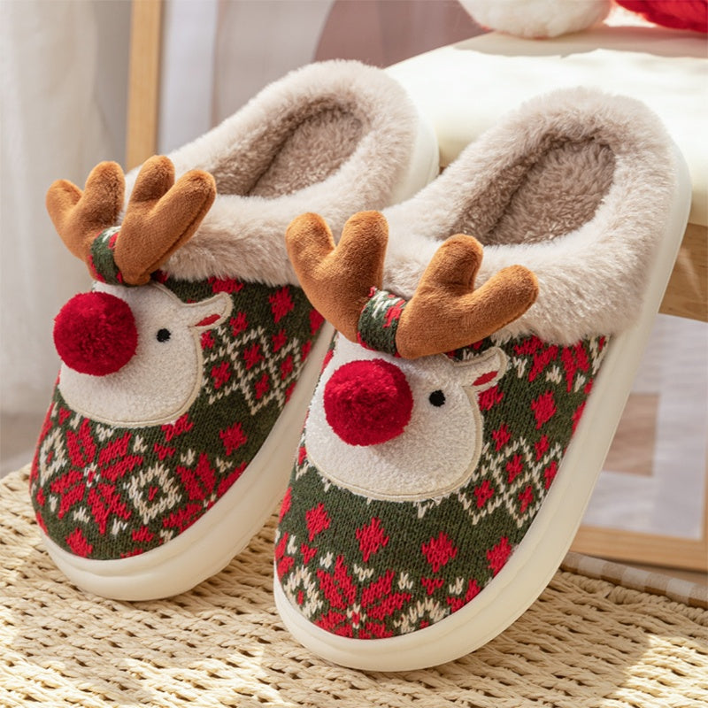 Cute Christmas Elk Plush Slippers Winter Ins Fashion Non-Slip Floor Bedroom Home Slippers for Women Fuzzy House Shoes
