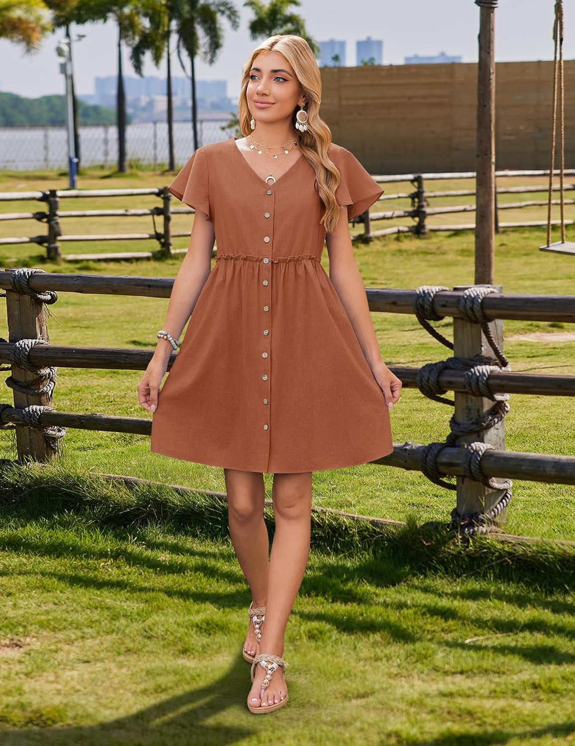 Summer Dress with Flutter Sleeves - Cotton Linen Beach a Line Casual Dress