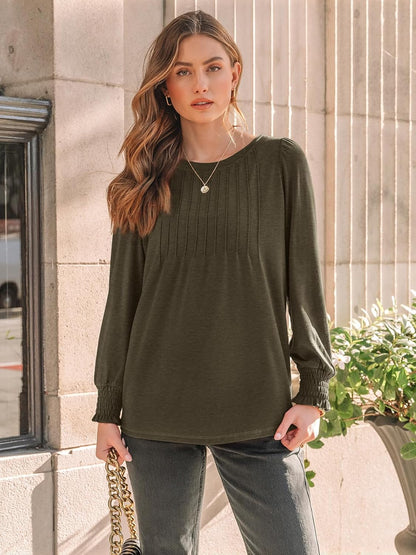 Long Sleeve Shirts Womens Pleated Business Casual Blouses with Smocked Cuffs