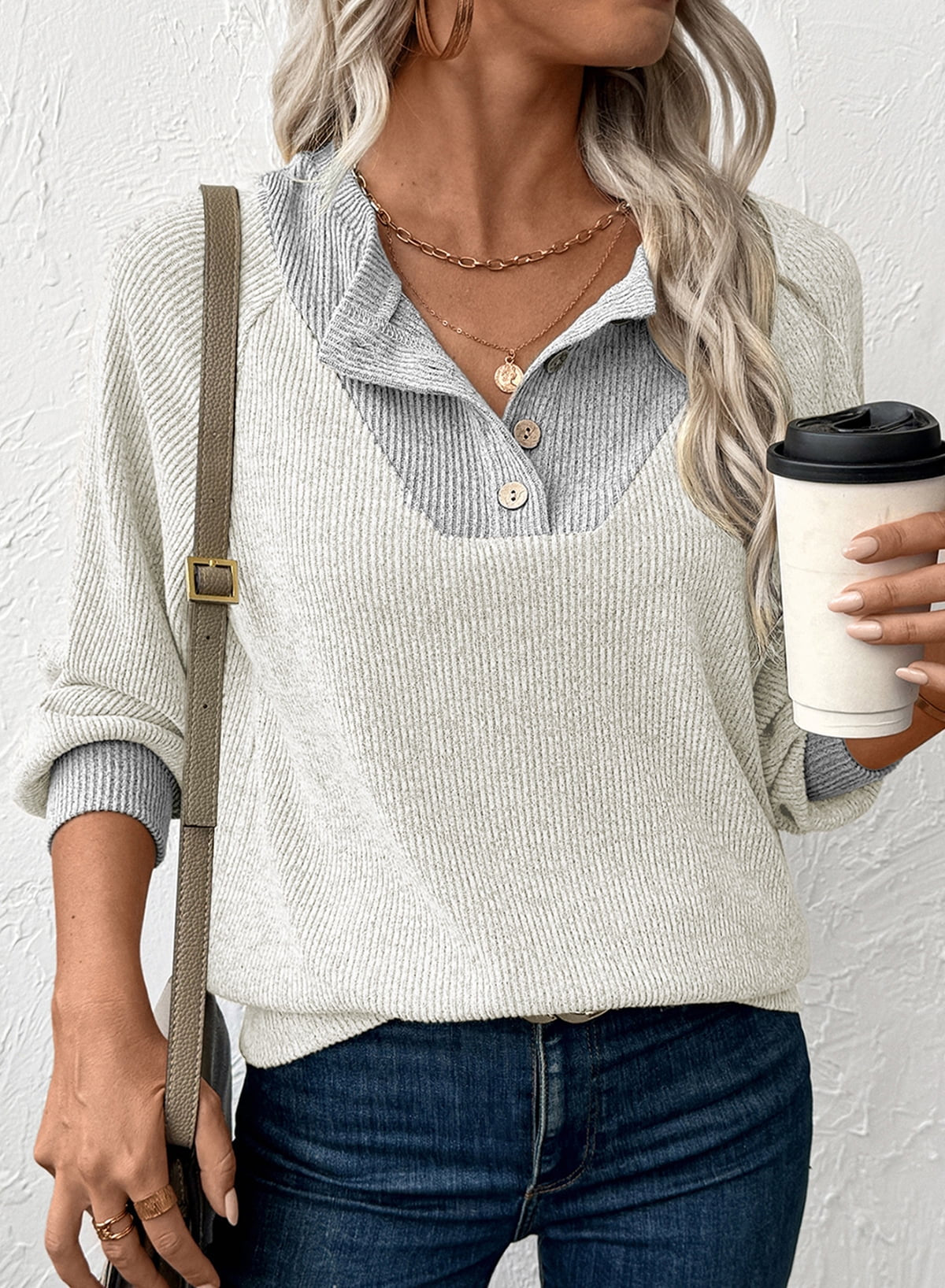 Womens Sweatshirt Ribbed Texture Button up V Neck Sweatshirts Long Sleeve Patchwork Shirts Casual Fall Pullover Tops