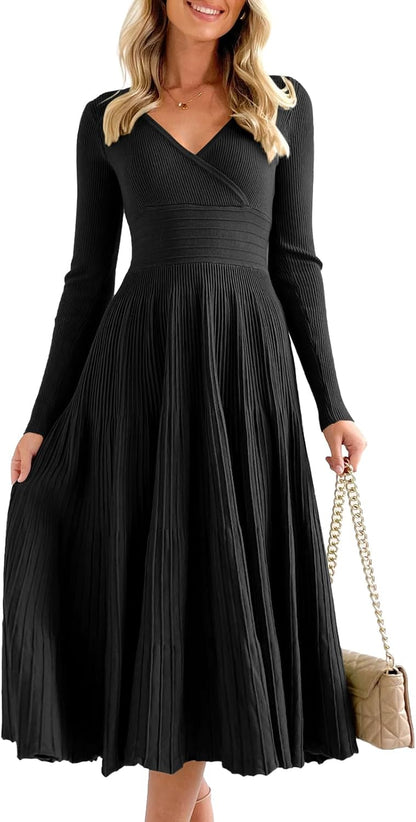 Womens Long Sleeve Midi Sweater Dress Wrap V Neck Pleated a Line Fit Flare Elegant Knit Maxi Dress