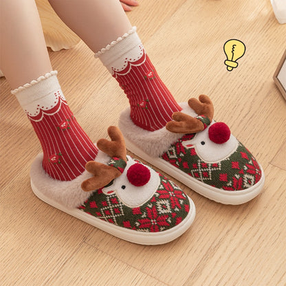 Cute Christmas Elk Plush Slippers Winter Ins Fashion Non-Slip Floor Bedroom Home Slippers for Women Fuzzy House Shoes