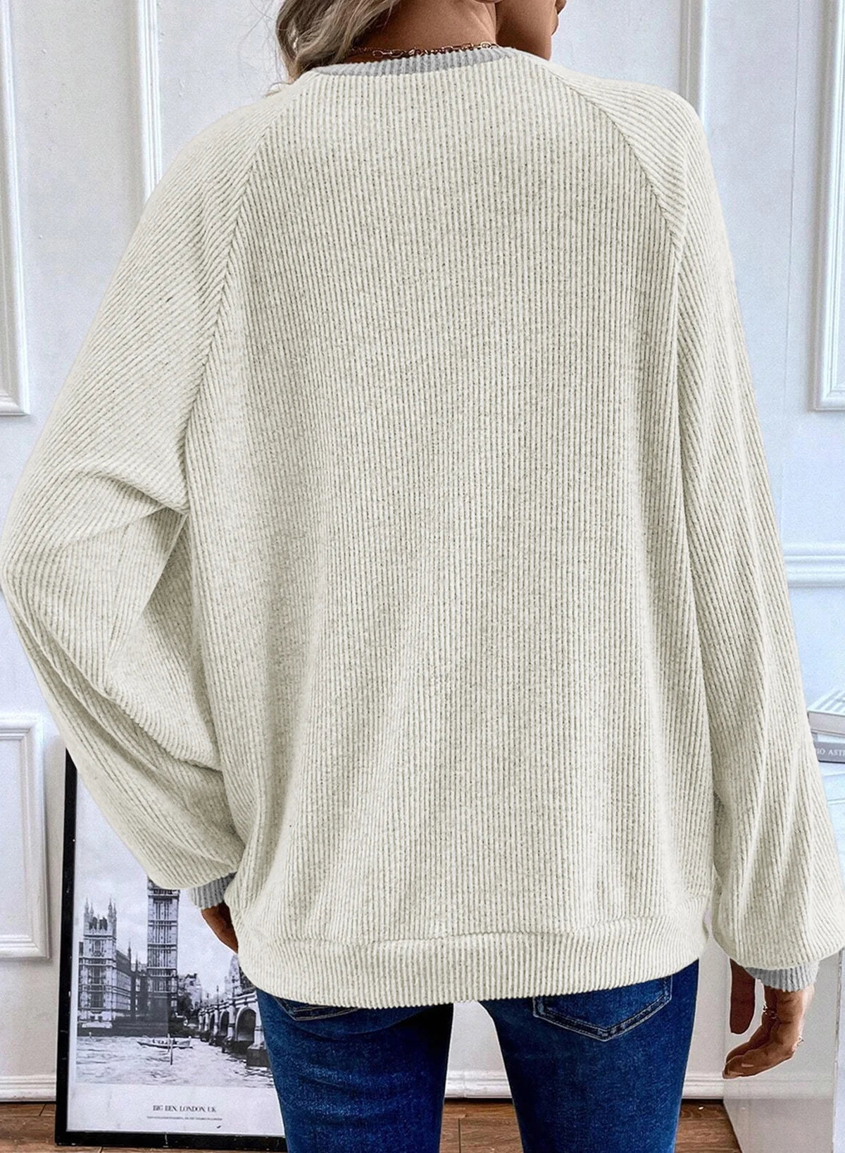 Womens Sweatshirt Ribbed Texture Button up V Neck Sweatshirts Long Sleeve Patchwork Shirts Casual Fall Pullover Tops